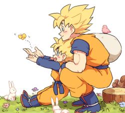 Rule 34 | 2boys, aqua eyes, bird, blush, boots, bug, butterfly, child, dougi, dragon ball, dragonball z, father and son, flower, flying, grass, happy, insect, kneeling, long sleeves, looking away, male focus, multiple boys, nature, open mouth, outstretched hand, rabbit, sack, short hair, simple background, smile, son goku, son goten, spiked hair, squirrel, super saiyan, super saiyan 1, tkgsize, tree stump, white background, wristband