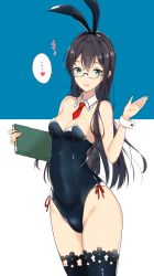 Rule 34 | ..., 1girl, animal ears, bad id, bad pixiv id, black hair, black leotard, black thighhighs, blue background, book, breasts, commentary request, cowboy shot, detached collar, fake animal ears, glasses, green eyes, heart, highres, kantai collection, leotard, long hair, necktie, ooyodo (kancolle), playboy bunny, rabbit ears, red necktie, semi-rimless eyewear, small breasts, solo, spoken ellipsis, spoken heart, standing, strapless, strapless leotard, takaharu, thighhighs, twitter username, two-tone background, white background, wrist cuffs