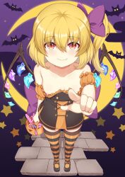Rule 34 | 1girl, absurdres, akasaka sato, blonde hair, bow, breasts, candy, crystal, dildo, embodiment of scarlet devil, fang, flandre scarlet, food, hair bow, halloween, halloween costume, highres, kneehighs, looking at viewer, night, pointing, pointing at viewer, ponytail, sex toy, side ponytail, small breasts, smile, socks, solo, touhou, wings