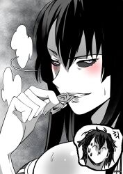 black_eyes black_hair blush condom condom_in_mouth highres kengan_(series) kengan_ashura kure_karla mouth_hold