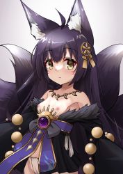 Rule 34 | 1girl, absurdres, aged down, ahoge, animal ear fluff, animal ears, azur lane, black hair, blush, breasts, brown eyes, closed mouth, commentary request, facial mark, fox ears, fox girl, fox tail, fur-trimmed kimono, fur trim, gradient background, grey background, groin, hair between eyes, hair ornament, highres, japanese clothes, jewelry, kimono, long hair, long sleeves, looking at viewer, magatama, magatama necklace, musashi (azur lane), nagato-chan, necklace, off shoulder, panties, small breasts, solo, tail, underwear, very long hair, whisker markings, white background, white kimono, white panties, wide sleeves