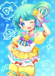 Rule 34 | 1girl, ;d, arm up, blue background, blue eyes, blue hair, bow, commentary request, cowboy shot, hair bun, hair ornament, hand on own hip, looking at viewer, multicolored hair, one eye closed, open mouth, pink hair, pinon (pripara), pretty series, pripara, puffy short sleeves, puffy sleeves, purple hair, rin (ikura meshi), short sleeves, shorts, sidelocks, single side bun, smile, solo, sparkle, speech bubble, standing, star (symbol), star hair ornament, starry background, streaked hair, striped bow, ufo, w, yellow shorts