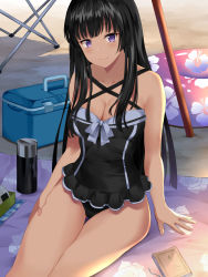 Rule 34 | 1girl, asato (fadeless), bang dream!, beach, black hair, black one-piece swimsuit, book, breasts, cleavage, collarbone, commentary request, cooler, criss-cross halter, food, halterneck, hand on own thigh, highres, innertube, long hair, looking at viewer, medium breasts, neck ribbon, one-piece swimsuit, onigiri, purple eyes, ribbon, shirokane rinko, sitting, smile, solo, swim ring, swimsuit, thermos, towel, white ribbon