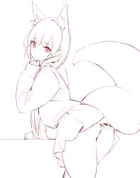 Rule 34 | 1girl, absurdres, animal ears, ass, bent over, closed mouth, cowboy shot, fox ears, fox tail, from behind, highres, large tail, long sleeves, looking at viewer, looking back, miniskirt, monochrome, nekojira, original, panties, pantyshot, red eyes, red theme, school uniform, serafuku, shirt, simple background, skirt, solo, spot color, tail, underwear, white background