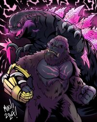 Rule 34 | absurdres, ape, b.e.a.s.t. glove, black background, claws, crossover, elbow blade, elbow spikes, fangs, gauntlets, giant, giant monster, gills, glowing, glowing eyes, glowing mouth, glowing spikes, glowing tongue, godzilla, godzilla (series), godzilla evolved, godzilla x kong: the new empire, gorilla, highres, kaijuu, king kong, king kong (series), legendary pictures, monster, monsterverse, no humans, no pupils, open mouth, orange eyes, pink eyes, ratboy miki, scar, scar on chest, scar on stomach, sharp teeth, simple background, spiked tail, spikes, tail, teeth, toho, tongue, weapon