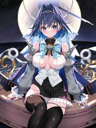 Rule 34 | 1girl, black thighhighs, blue cape, blue eyes, blue hair, blue nails, blush, bow, bow earrings, breasts, cameltoe, cape, cleft of venus, closed mouth, detached sleeves, earrings, hair intakes, head chain, highres, hololive, hololive english, jewelry, large breasts, looking at viewer, miniskirt, moon, night, night sky, ocean, ouro kronii, ouro kronii (1st costume), panties, revision, short hair, sitting, skindentation, skirt, sky, smile, solo, star (sky), starry sky, thighhighs, thighs, underwear, virtual youtuber, water, waterring, white panties