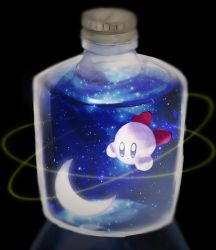 Rule 34 | bad id, bad pixiv id, black background, blurry, crescent moon, depth of field, floating, glass bottle, jewelry, kirby, kirby (series), moon, nintendo, reflective floor, ring, sky, space, sparkling eyes, star (sky), starry sky, user vetd3442