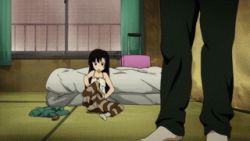 Rule 34 | 1boy, 1girl, animated, animated gif, bed, black hair, dressing, kuhouin murasaki, kure-nai, kurenai, long hair, lowres, screencap, striped