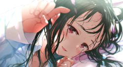 Rule 34 | 1girl, bed sheet, black hair, blush, collarbone, collared shirt, commentary request, gomennasai, hand up, hickey, long hair, long sleeves, looking at viewer, lying, on side, original, parted lips, red eyes, shirt, sleeves past wrists, smile, solo, sweat, white shirt