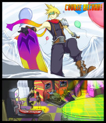 Rule 34 | 1990s (style), 1boy, 1girl, ahvia, arcade, balloon, blonde hair, boots, cloud strife, facepalm, final fantasy, final fantasy vii, gameplay mechanics, gloves, goggles, gold saucer, jumping, mountain, pinky out, retro artstyle, scarf, snow, snowboard, suspenders, tifa lockhart
