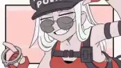 Rule 34 | 1girl, animated, artist request, cuffs, english text, fingerless gloves, gloves, grey eyes, handcuffs, helltaker, justice (helltaker), long hair, lowres, police, smile, sunglasses, video, white hair