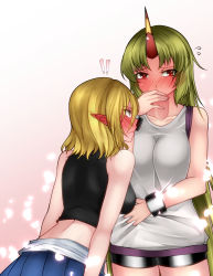 Rule 34 | !, 2girls, adapted costume, alternate breast size, alternate costume, aoshima, arms at sides, bare shoulders, bike shorts, black shirt, blonde hair, blue skirt, blush, breasts, commentary request, covered mouth, cowboy shot, ear blush, flying sweatdrops, from behind, full-face blush, green eyes, height difference, highres, horns, hoshiguma yuugi, large breasts, leaning forward, lips, looking at another, looking to the side, medium breasts, midriff, mizuhashi parsee, multiple girls, parted bangs, pleated skirt, pointy ears, red eyes, shirt, short hair, single horn, skirt, skirt set, sleeveless, sleeveless shirt, spoken exclamation mark, touhou, wavy mouth, white shirt, yuri