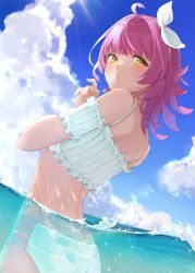 Rule 34 | 1girl, absurdres, ahoge, ass, bikini, blue sky, blunt bangs, blunt ends, blush, cloud, commentary request, cross-laced bikini, cross-laced clothes, day, eyelashes, frilled bikini, frills, from behind, hair ribbon, hand on own chest, hand up, highres, looking at viewer, love live!, love live! nijigasaki high school idol club, nyako (utaneko31), ocean, parted lips, partially submerged, pink hair, ribbon, scapular, short hair, sidelocks, sky, solo, sunlight, swimsuit, tennoji rina, water, white bikini, yellow eyes