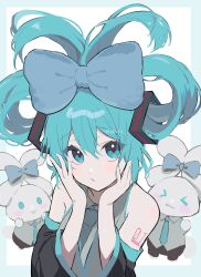 Rule 34 | &gt; &lt;, 1girl, absurdres, ahute, aqua eyes, aqua hair, aqua necktie, bare shoulders, blue border, blue bow, blush, border, bow, cinnamiku, collared shirt, commentary, detached sleeves, double bun, grey shirt, hair between eyes, hair bow, hair bun, hair rings, hands up, hatsune miku, highres, looking at viewer, necktie, open mouth, sanrio, shirt, simple background, solo focus, tied ears, twitter username, updo, upper body, vocaloid, watermark, white background