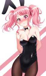 Rule 34 | 1girl, animal ears, arms behind back, baek hyang&#039;geum, bang dream!, bare shoulders, black bow, black bowtie, black leotard, blush, bow, bowtie, breasts, brown pantyhose, cleavage, closed mouth, covered navel, cowboy shot, detached collar, embarrassed, fake animal ears, groin, happy birthday, highres, latex, latex leotard, leaning to the side, leotard, looking down, maruyama aya, medium breasts, pantyhose, pink eyes, pink hair, playboy bunny, rabbit ears, short hair, short twintails, sidelocks, sleeveless, smile, solo, standing, strapless, strapless leotard, tearing up, tears, twintails, two-tone background, wavy mouth, white background, wing collar