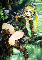 Rule 34 | 1girl, :d, absurdres, arrow (projectile), bird, boots, bow (weapon), branch, breasts, brown footwear, chest harness, dress, elf, green dress, harness, highres, holding, holding bow (weapon), holding weapon, in tree, komota (kanyou shoujo), long hair, looking at viewer, medium breasts, open mouth, original, pointy ears, ponytail, quiver, short dress, smile, solo, tree, weapon