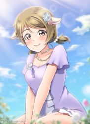Rule 34 | 1girl, alternate hairstyle, animal ears, aqua flower, artist name, artist request, bare legs, blue sky, blush, breasts, brown hair, cleavage, close-up, cloud, collarbone, dress, female focus, field, flower, flower field, grass, hair between eyes, hair bobbles, hair ornament, highres, koizumi hanayo, looking at viewer, love live!, love live! school idol festival, love live! school idol project, medium breasts, miniskirt, on grass, orange flower, outdoors, parted lips, plaid, plaid dress, plaid skirt, pleated, pleated dress, pleated skirt, ponyagii, purple dress, purple eyes, purple ribbon, purple skirt, ribbon, sheep ears, short hair, short sleeves, short twintails, skirt, sky, smile, solo, sunlight, twintails, white skirt