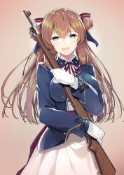 Rule 34 | 1girl, akahito, american flag, blazer, blush, bolt action, breasts, brown hair, cleavage, commentary, cowboy shot, dress, girls&#039; frontline, gloves, green eyes, gun, hair between eyes, hair ribbon, hair rings, head tilt, highres, holding, holding gun, holding weapon, jacket, large breasts, long hair, long sleeves, looking at viewer, m1903 springfield, open mouth, ribbon, rifle, sash, shirt, sidelocks, simple background, smile, solo, springfield (girls&#039; frontline), tareme, twintails, weapon, white dress