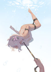 Rule 34 | 1girl, air bubble, arms behind back, bare shoulders, barefoot, bdsm, blush, bondage, bound, breasts, bubble, collar, flower, frown, full body, hair flower, hair ornament, highres, kokkoro (princess connect!), leash, leash pull, long pointy ears, male hand, one-piece swimsuit, peril, plantar flexion, pointy ears, princess connect!, pulling another&#039;s clothes, restraints, rou (rou22), see-through, short hair, silver hair, small breasts, swimsuit, underwater, upside-down, white one-piece swimsuit