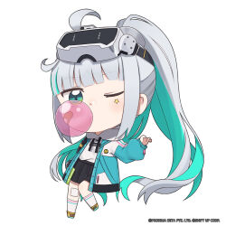 Rule 34 | 1girl, ahoge, aqua eyes, aqua hair, bandaid, bandaid on cheek, bandaid on face, black skirt, blowing bubbles, blunt bangs, chewing gum, chibi, commentary, drawstring, english commentary, epinel (nikke), full body, goddess of victory: nikke, head-mounted display, high ponytail, highres, hood, hood down, hoodie, long hair, long sleeves, looking at viewer, multicolored hair, official art, one eye closed, open clothes, outstretched arm, pleated skirt, puffy long sleeves, puffy sleeves, side ahoge, skirt, socks, solo, standing, standing on one leg, star (symbol), totatokeke, two-tone hair, very long hair, white hoodie, white socks