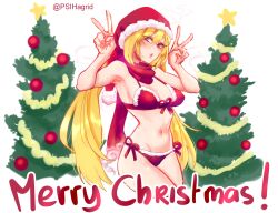 Rule 34 | 1girl, :o, armpits, bare shoulders, bikini, blonde hair, blush, breasts, christmas tree, commission, cropped legs, double v, groin, hair between eyes, hands up, hat, highres, large breasts, long hair, merry christmas, navel, original, popopoka, red bikini, red eyes, red hat, red scarf, santa bikini, santa hat, scarf, sexually suggestive, solo, stomach, sweat, swimsuit, teeth, twintails, upper teeth only, v, white background