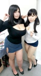 Rule 34 | 2girls, artist request, asian, black hair, breasts, chouzuki maryou, large breasts, meme attire, multiple girls, okada yui, open-chest sweater, photo (medium), plump, sweater