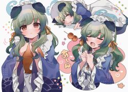 Rule 34 | 1girl, animal ears, apron, blue archive, bow, brown eyes, commentary request, dog ears, dog girl, frilled apron, frills, green hair, hair between eyes, hair bow, hair ribbon, halo, highres, holding, holding tray, japanese clothes, long hair, long sleeves, looking at viewer, maid, ribbon, sidelocks, simple background, solo, takumi mizuki, translation request, tray, umika (blue archive), wa maid, white apron, wide sleeves