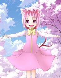 Rule 34 | 1girl, alternate color, alternate eye color, alternate hair color, alternate hat color, animal ears, blue sky, bow, cat ears, cat girl, cat tail, chen, cherry blossoms, cloud, day, dress shirt, earrings, fang, female focus, high collar, highres, jewelry, kokoneko, looking at viewer, multiple tails, open hand, open mouth, outstretched arms, pink eyes, pink hair, shirt, short hair, single earring, skirt, skirt set, sky, solo, spread arms, tail, touhou, tree