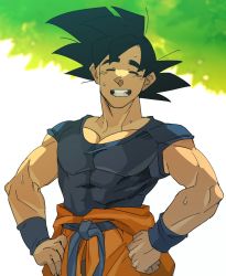 Rule 34 | 1boy, :d, ^ ^, abs, black hair, blue shirt, blurry, blurry background, clenched hand, clenched teeth, closed eyes, clothes around waist, dappled sunlight, day, dougi, dragon ball, dragon ball super, dragonball z, closed eyes, fingernails, hands on own hips, happy, male focus, muscular, open mouth, orange pants, outdoors, pants, shaded face, shirt, short sleeves, simple background, smile, solo, son goku, spiked hair, standing, sunlight, sweat, tako jirou, teeth, tree, upper body, white background, wristband