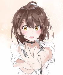 Rule 34 | 1girl, ahoge, azur lane, baltimore (after-school ace) (azur lane), baltimore (azur lane), black choker, black neckwear, blush, brown hair, choker, collared shirt, commentary request, dress shirt, embarrassed, hair between eyes, highres, looking at viewer, loose necktie, necktie, open mouth, outstretched arms, rurekutye, shirt, short sleeves, sweatdrop, white shirt, yellow eyes