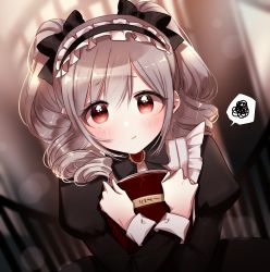 Rule 34 | 1girl, absurdres, alternate costume, bad id, bad pixiv id, blush stickers, book, drill hair, frilled hairband, frills, grey hair, hair ribbon, hairband, highres, idolmaster, idolmaster cinderella girls, kanzaki ranko, looking at viewer, pout, puffy sleeves, red eyes, ribbon, shionori (bpo o), solo, twin drills, twintails