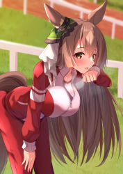 Rule 34 | 1girl, animal ears, bent over, bow, breasts, brown eyes, brown hair, commentary request, ear ribbon, green ribbon, half updo, heavy breathing, highres, horse ears, horse girl, horse tail, jacket, large breasts, long hair, long sleeves, looking at viewer, open mouth, red jacket, ribbon, satono diamond (umamusume), solo, standing, sweat, syurimp, tail, track jacket, umamusume, zipper