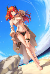 Rule 34 | 1girl, absurdres, arknights, beach, bikini, black bikini, blue sky, bowlp, breasts, burnt clothes, cloud, day, detached sleeves, full body, hand in own hair, high heels, highres, holding, holding shoes, horns, large breasts, long hair, navel, ocean, official alternate costume, outdoors, purple eyes, red hair, sand, sandals, shoes, side-tie bikini bottom, sky, solo, stomach, surtr (arknights), surtr (colorful wonderland) (arknights), swimsuit, swimsuit cover-up, thigh strap, walking