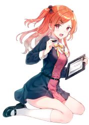 Rule 34 | 1girl, belt, blush, bow, commentary request, drawing tablet, full body, hair bow, hair ornament, hiten (hitenkei), holding, loafers, long hair, looking at viewer, official art, open mouth, orange hair, original, red eyes, school uniform, shoes, simple background, sitting, socks, solo, white background, white socks, x hair ornament