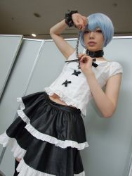 Rule 34 | 1girl, alternate costume, asian, ayanami rei, black skirt, black thighhighs, blue hair, breasts, collar, color contacts, cosplay, dutch angle, frilled skirt, frills, goth fashion, indoors, lace, leash, looking at viewer, makeup, mascara, miniskirt, namada, neon genesis evangelion, photo (medium), red eyes, short hair, skirt, small breasts, solo, standing, thighhighs, zettai ryouiki