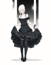 Rule 34 | 1girl, alternate costume, artoria pendragon (all), artoria pendragon (fate), black dress, black footwear, black pantyhose, black ribbon, blonde hair, braid, commentary, dress, english commentary, fate/grand order, fate/stay night, fate (series), fov ps, french braid, frilled dress, frills, hair ribbon, highres, looking at viewer, off-shoulder dress, off shoulder, pale skin, pantyhose, ribbon, saber alter, shadow, short hair, skirt hold, sleeveless, sleeveless dress, solo, yellow eyes