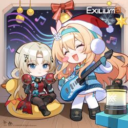 blonde_hair blue_eyes blue_hairband blush chibi christmas earmuffs electric_guitar girls&#039;_frontline_2:_exilium guitar hair_ornament hairband hat holding holding_guitar holding_instrument holding_maracas holding_plectrum instrument lantern maracas music official_art playing_instrument plectrum santa_hat snowflake_hair_ornament stuffed_animal stuffed_duck stuffed_toy suomi_(girls&#039;_frontline_2) ullrid_(girls&#039;_frontline_2)