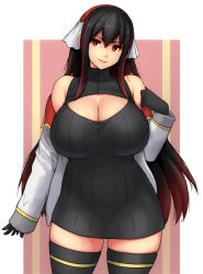 Rule 34 | 1girl, bare shoulders, black dress, black gloves, black hair, black thighhighs, breasts, cleavage, cleavage cutout, closed mouth, clothing cutout, dress, erkaz, gloves, hair between eyes, hair ribbon, highres, huge breasts, jacket, large breasts, long hair, looking at viewer, multicolored hair, off shoulder, original, pink background, red eyes, ribbed dress, ribbon, sidelocks, sleeves past wrists, smile, solo, standing, streaked hair, thighhighs, thighs, white jacket