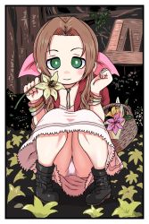 Rule 34 | 1girl, aerith gainsborough, basket, black footwear, boots, bracelet, brown hair, female focus, final fantasy, final fantasy vii, flower, fxxk law, gainsborough house, green eyes, highres, jewelry, long hair, looking at viewer, nature, outdoors, panties, parted bangs, skirt, solo, square enix, squatting, underwear, upskirt