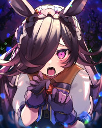 Rule 34 | 1girl, animal ears, black gloves, blush, brown hair, collared shirt, fangs, gloves, hair over one eye, halloween, halloween costume, highres, horse ears, horse girl, long hair, looking at viewer, official alternate costume, open mouth, puffy short sleeves, puffy sleeves, purple eyes, rice shower (make up vampire!) (umamusume), rice shower (umamusume), shirt, short sleeves, solo, umamusume, upper body, usamata, white shirt