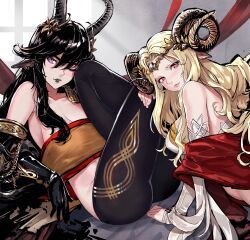 Rule 34 | 2girls, animal ears, arknights, black gloves, black hair, blonde hair, breasts, cleavage, gloves, goat ears, goat girl, goat horns, highres, hildegard grimmacht, horns, large breasts, lieselotte ewigegnade, long hair, looking at viewer, multiple girls, partially undressed, robot cat (robotcatart), twin empresses (arknights)