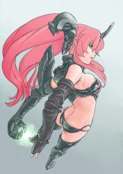 Rule 34 | 1990s (style), 1girl, absurdres, armor, ass, back, bad id, bad pixiv id, bikini, bikini armor, black bikini, black thighhighs, boots, breasts, butt crack, fingerless gloves, from behind, full body, gauntlets, gloves, gradient background, green eyes, grey background, hamama2, highres, jigoku sensei nube, large breasts, long hair, minki, minki (jigoku sensei nube), perspective, pink hair, retro artstyle, revealing clothes, shiny skin, sideboob, solo, swimsuit, thighhighs, twintails