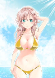 Rule 34 | 1girl, bikini, blue sky, breasts, cleavage, cloud, commentary request, day, gold bikini, green eyes, hands on own head, highres, horizon, large breasts, light brown hair, light rays, looking at viewer, matsuura@parao, ocean, original, outdoors, sky, solo, standing, sunbeam, sunlight, swimsuit