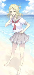 Rule 34 | 10s, 1girl, :d, asymmetrical hair, barefoot, beach, bird, blonde hair, blouse, blue sky, braid, chilhoo88, cloud, collarbone, crown braid, day, full body, grey skirt, hair rings, hand on own hip, hand on own face, hand to own mouth, horizon, looking at viewer, love live!, love live! school idol project, love live! sunshine!!, miniskirt, neckerchief, ocean, ohara mari, open hand, open mouth, outdoors, parted bangs, pleated skirt, sand, school uniform, serafuku, shirt, short hair, short sleeves, shouting, skirt, sky, sleeve cuffs, smile, solo, tie clip, water, white shirt, yellow eyes