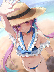 Rule 34 | 1girl, absurdres, aqua hair, arm up, bad id, bad pixiv id, beach, bikini, blue bikini, blue choker, blush, breasts, choker, cleavage, closed mouth, floating hair, frilled bikini, frills, from above, hat, highres, hololive, long hair, looking at viewer, medium breasts, minato aqua, multicolored hair, navel, ocean, open hand, pink hair, sailor collar, sand, smile, solo, stomach, straw hat, swimsuit, tokutokenzen, twintails, two-tone hair, virtual youtuber