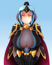 Rule 34 | arete (fire emblem), blue hair, breasts, cape, cleavage, fire emblem, fire emblem fates, fire emblem if, looking at viewer, mature female, nintendo, no bra, revealing clothes, see-through, sephkiwiseeker, shenmei (fire emblem), short hair, smile, solo, tagme, yellow eyes