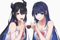 Rule 34 | 2girls, absurdres, asymmetrical horns, bare shoulders, black hair, blue hair, breasts, candy, chocolate, chocolate heart, colored inner hair, demon horns, food, heart, highres, holding, holding chocolate, holding food, hololive, hololive english, horns, long hair, looking at viewer, mole, mole under eye, multicolored hair, multiple girls, nerissa ravencroft, otakuun z6, ouro kronii, red eyes, smile, two-tone hair, uneven horns, valentine, very long hair, virtual youtuber