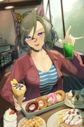 Rule 34 | 1girl, absurdres, animal ears, bar stool, black choker, blue shirt, blush, breasts, brown hair, choker, cleavage, commentary request, crepe, cup, doughnut, ear ornament, food, hair between eyes, highres, holding, holding cup, horse ears, horse girl, indoors, jacket, kanpiro, large breasts, long sleeves, looking at viewer, multicolored hair, open clothes, open jacket, open mouth, plate, purple eyes, red jacket, shirt, short hair, sitting, smile, solo, stool, streaked hair, striped clothes, striped shirt, sweets, table, tap dance city (umamusume), umamusume, waffle