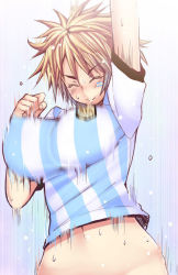 Rule 34 | 1girl, 2014 fifa world cup, argentina, argentinian flag, argentinian flag print, arm up, blonde hair, bottomless, bouncing breasts, breasts, closed eyes, flag print, large breasts, navel, open mouth, original, red-rum, shirt, short hair, smile, soccer, soccer uniform, solo, sportswear, striped clothes, striped shirt, sweat, vertical-striped clothes, vertical-striped shirt, world cup