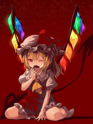 Rule 34 | 1girl, ascot, blonde hair, bow, fangs, female focus, finger to mouth, flandre scarlet, foge, glowing, glowing wings, hat, hat bow, highres, laevatein, nail polish, one eye closed, open mouth, puffy sleeves, red eyes, red nails, shirt, short sleeves, side ponytail, sitting, skirt, skirt set, solo, tears, touhou, vest, wariza, wings, wink